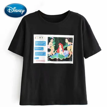 

Disney Stylish The Little Mermaid Letter Cartoon Print T-Shirt O-Neck Pullover Short Sleeve Casual Fashion Women Black Tee Tops