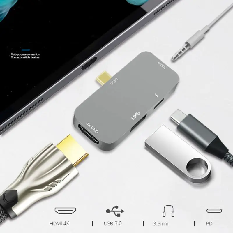 USB концентратор переходник разветвитель с TYPE C PD Зарядка 4K HDMI USB 3,0 3,5 мм наушники