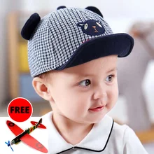 Милая мультяшная Детская кепка с ушками, летняя Регулируемая бейсбольная кепка для новорожденных, хлопковая шапка для маленьких девочек и мальчиков, клетчатая детская солнцезащитная Кепка