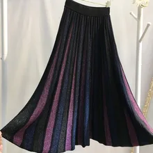Осень Зима Женская Длинная трикотажная юбка европейский стиль Высокая талия эластичная талия расшитая блестками золотая нить Полосатая юбка