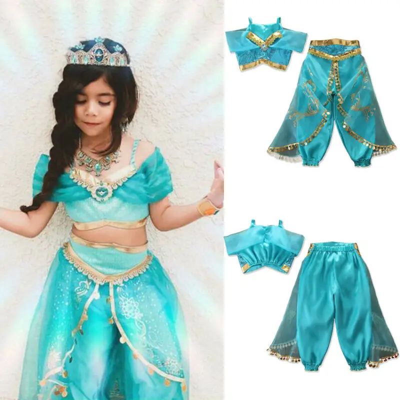 

Kids Girl Aladdin Indian Style Nobility Outfits Child Dance Dress Up Costume Children Royal Blue Clothes 2 Piece Crop Top +Pants