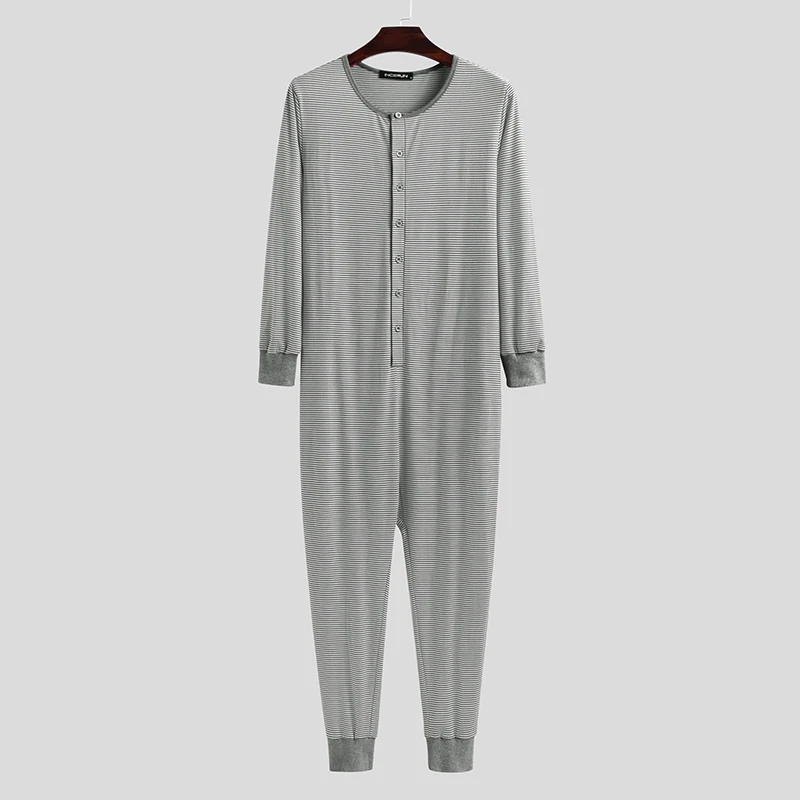 INCERUN Men Leisure Pajamas Jumpsuit Striped Long Sleeve O Neck Button Rompers Homewear 2022 Cozy Overalls Mens Sleepwear S-5XL mens cotton pajama sets Men's Sleep & Lounge