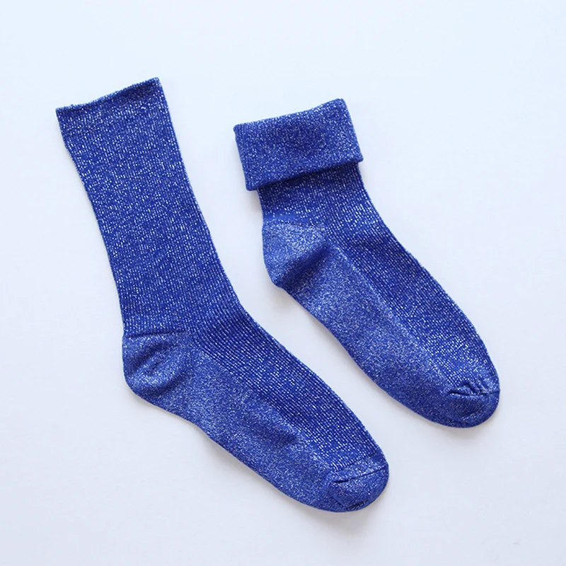 Новые Женские однотонные блестящие женские хлопчатобумажные носки, простые носки для девочек, толстые повседневные длинные носки с металлической линией, красный серый синий - Цвет: Синий