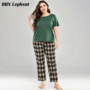 

Women Summer Plus size Sleepwear PJ Set Solid short sleeves T-shirt and Plaid trousers Pajamas Set Casua Loungewear home suits
