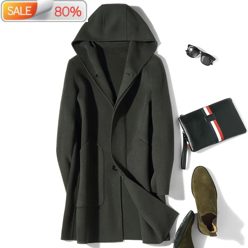 Long Double-sided Wool Coat Men Hooded Spring Autumn Overcoat Mens Coats and Jackets Sobretudo Masculino D24A069 B23754 | Мужская одежда