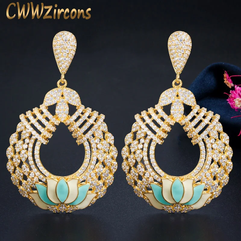 CWWZircons Unique Design Enamel Flower Yellow Gold Color CZ Long Drop Big Luxury Earring Women Engagement Party Jewelry CZ681