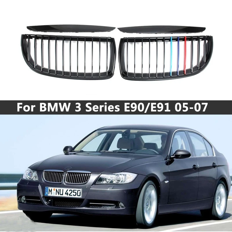 

1 Pair Gloss Matt Black M Color 2 Line Front Kidney Grille Grill Double Slat For BMW E90 E91 3 Series 2005 2006 2007 2008