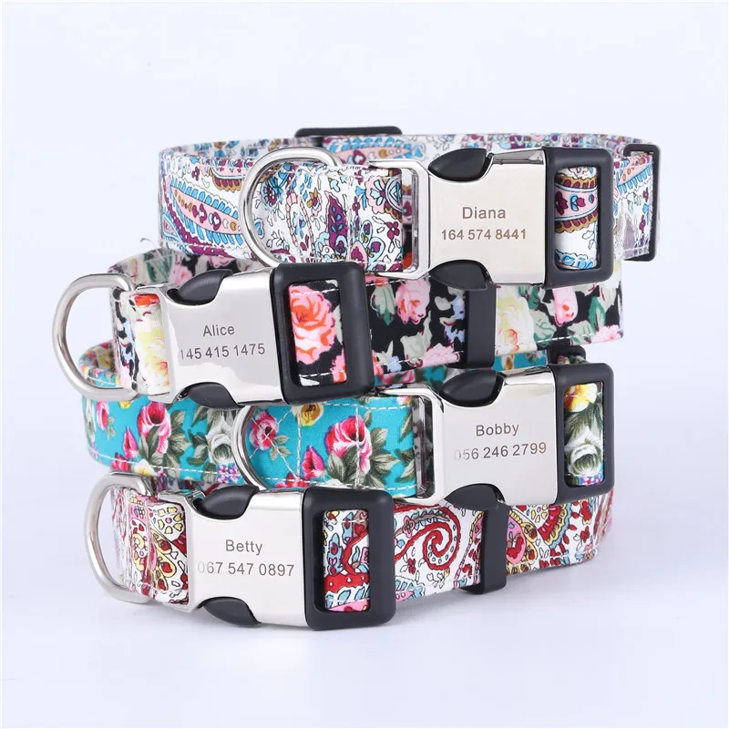 Diseño de Collar de perro, etiqueta de perro de grabado nombre Collar de algodón Bohemia personalizado Collar de perro pequeño mediano grande perros
