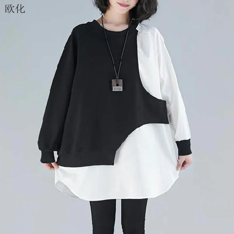 Женская туника с длинным рукавом размера плюс однотонная черная футболка