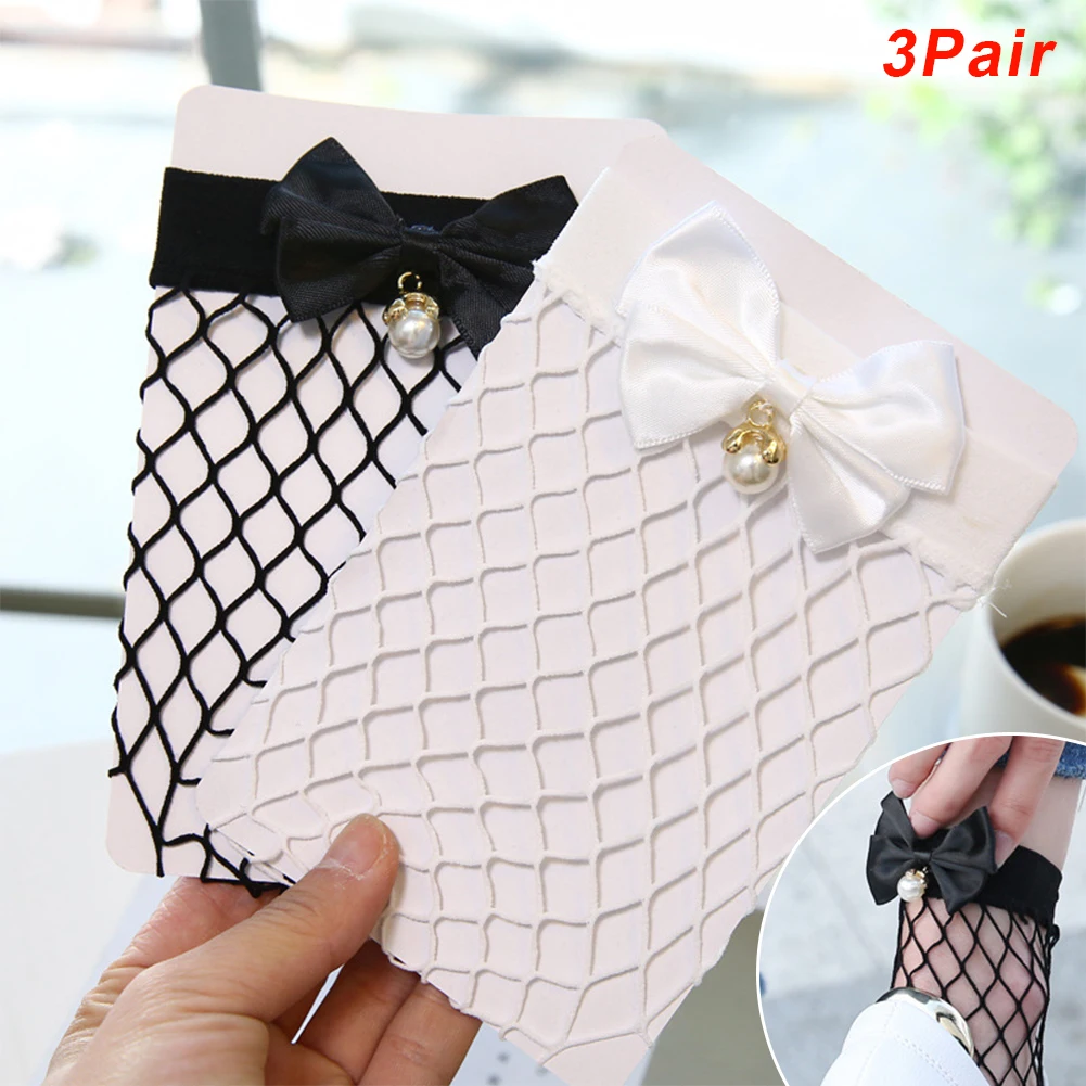 3pair Bow Fishnet Women Socks Female Cute Breathable Ankle Socks Ladies Retro Beaded Soft Solid Fashion Socks High Heel