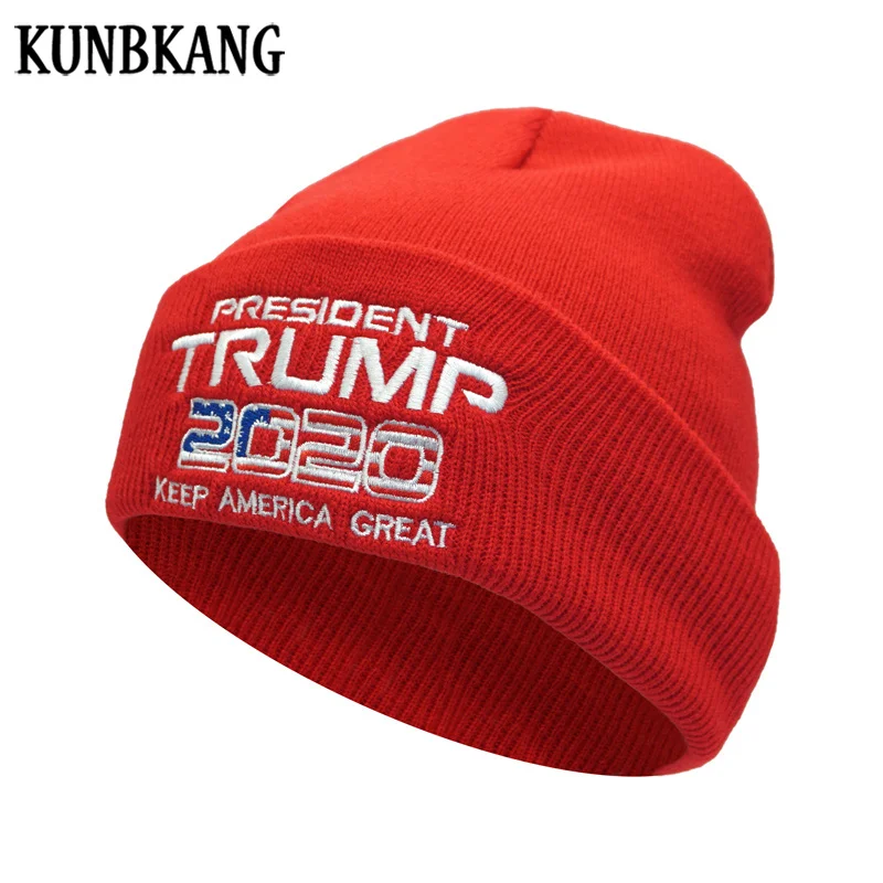 KUNBKANG Новинка Trump, шапка бини для мужчин, зимние шапки для женщин, красные шапки с надписью KEEP AMERICA GREAT Embroidery, флаг США, шапочки, кепка Трампа