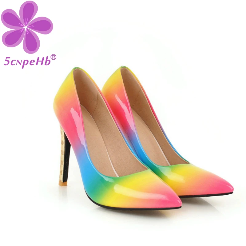 Arco Iris gradiente colorido de las mujeres de tacón alto y delgado del dedo del pie puntiagudo zapatos de boda de novia Sexy señoras zapatos de talla grande 34-46