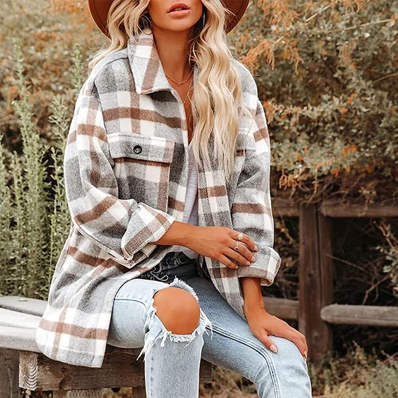 

Women's Coat Loose Shirt Jacket Adults Button-down Color Block Long Sleeve Lapel Outerwear With Pockets Casual Outfits Autumn