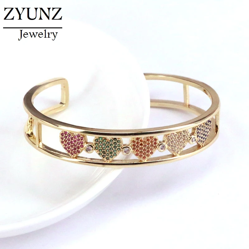 

3PCS, Gold color fashion Wide band open bangle Bracelet for women Paved rainbow cz Hollow heart engraved cuff bangles Jewelry