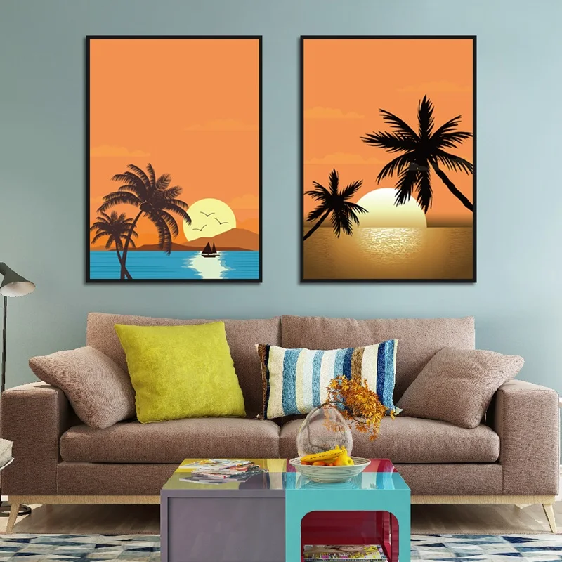 

Nordic Minimalist Wall Art Canvas Painting Poster Beach Coconut Tree Sunset Landscape Picture Modern Home Decor Bedroom Mural