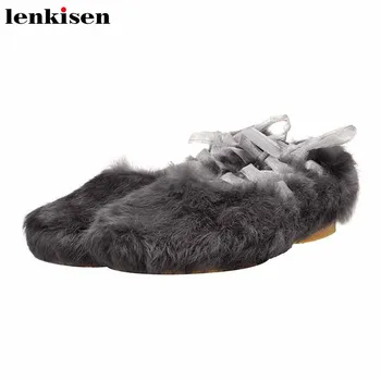 

Lenkisen sweet cute Princess style shoes keep warm rabbit fur round toe med heels fashion lace up leisure cozy women pumps L9w