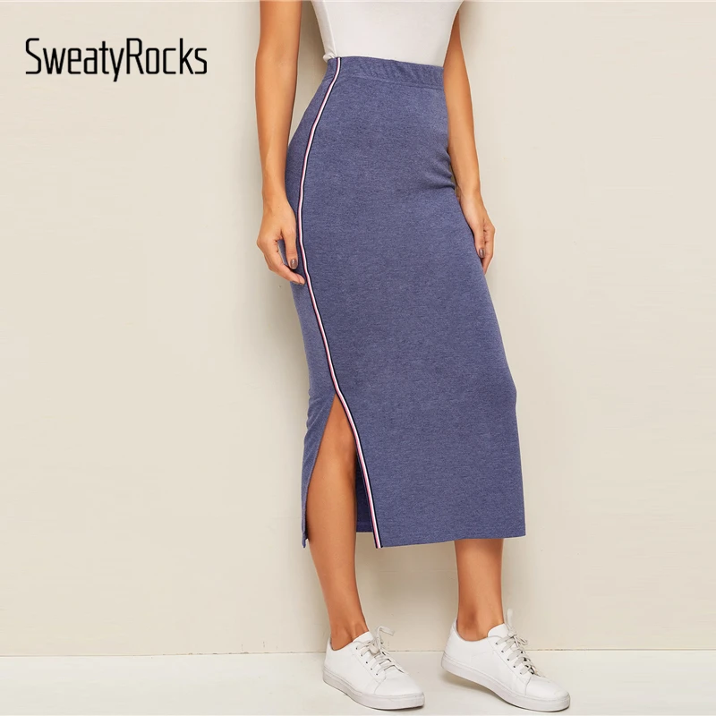 SweatyRocks синяя полосатая лента с разрезом, Хизер, вязаная юбка, спортивная одежда, обтягивающие длинные юбки 2019, женские юбки-карандаш с
