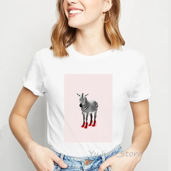 

T-shirts for women kawaii Zebra wearing red Heels 90s funny t shirts Dinosaur Giraffe animal print white tshirt woman clothes