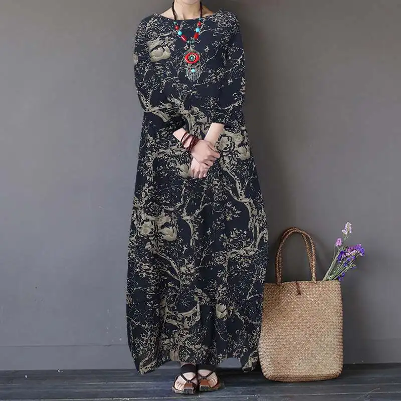 ZANZEA Vintage Printed Maxi Long Dress Women Sundress Casual Long Sleeve Kaftan Dresses Female Baggy Floral Vestidos Plus Size 7