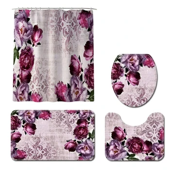 

Floral Shower Curtain Bathroom Rug Set Soft Bath Mat Non-Slip Toilet Lid Cover Anti-rust Metal Buttonhole Toilet Room Decor
