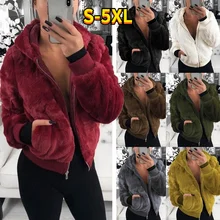 Autumn Winter Women's Jackets Pocket Hooded Rabbit Fur Sweaters Faux Fur Plush Warm Coat Jacket Women Plus Size S-5XL
