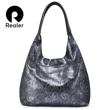 

REALER woman handbags genuine leather hobos female classic serpentine prints shoulder bags ladies large capacity tote bags 2020