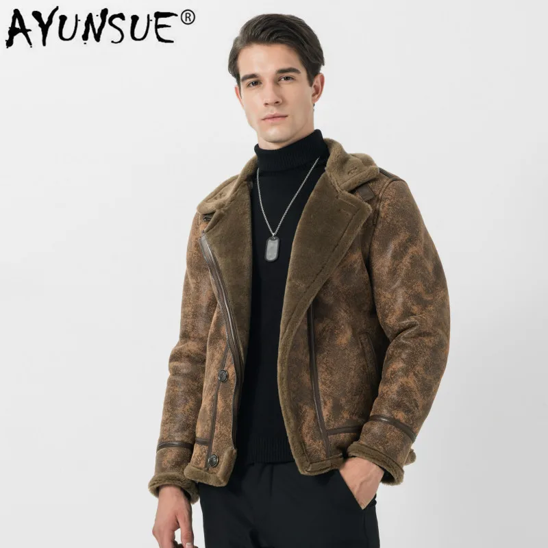 

AYUSNUE Men's Leather Jacket Sheepskin Coat Autumn Winter Genuine Leather Jackets 100% Wool Lining Vintage Motorcycle 14306