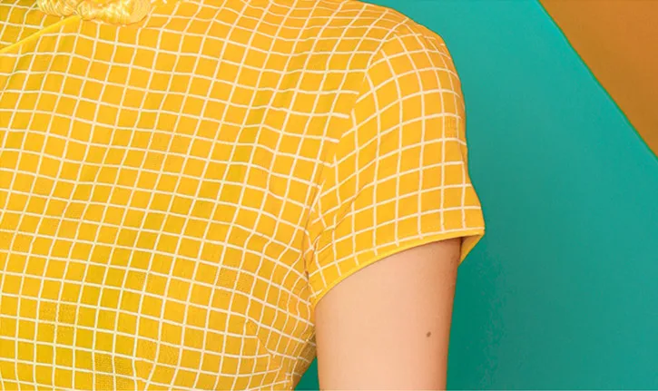 SWEETXUE новые винтажные миди платья летние женские Cheongsam модифицированные хлопковые желтые клетчатые вечерние платья