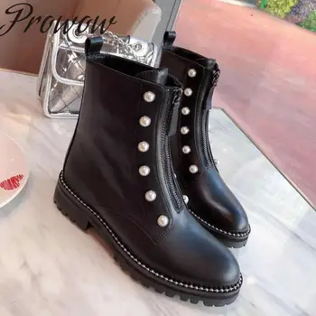 

Ollymurs Genuine Leather Pearl Deco Short Boots Thick Heel Low Heel Luxury Brand Boots Shoes Women