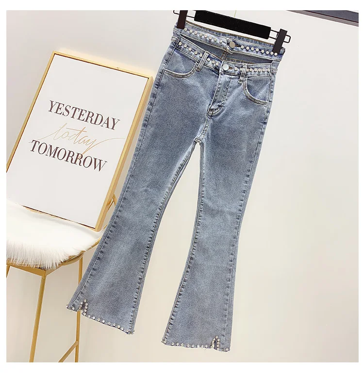 New Fashion Double Waist Hollow Heavy Diamond Pants Stretch Slim High Waist Joker Cowboy Bell Pants Women Jeans Trousers