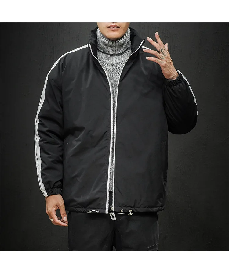 Winter New Style Men Casual Cotton-padded Jacket Trend Versitile Fashion Contrast Color Stripes Printed Stand Collar Cotton