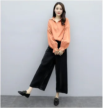 

SZMALL Newest Fashion Pop Women Set Button Tops Shirts +Wide Long Pants Autumn Spring Female 2PCS Sets Streetwear Lady Clothing
