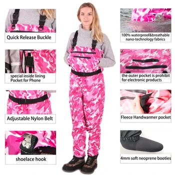 HANITE Women Quick-Drain Waterproof and Breathable Chest Wader with 4mm Neoprene Stocking Foot for Fishing and Hunting PinkCamo 2