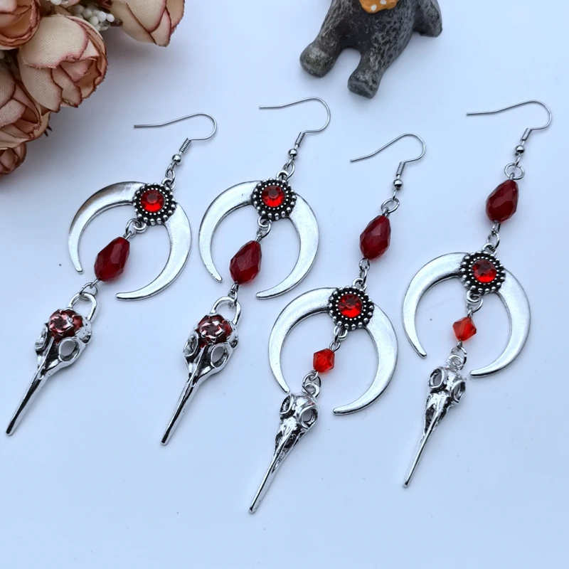Crow Skull Earrings Goth Punk Style Horns Red Blood Drops Crystal Jewelry Gorgeous Fashion Ladies Gifts drop earrings dangle earrings crystal earrings