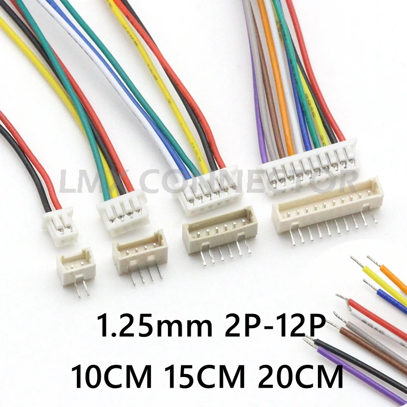 

10 sets MICRO JST 1.25mm Pitch Female Connector Wire 10CM 15CM 20CM 28AWG 2/3/4/5/6/7/8/9/10/11/12 Pin with Right Angle Socket