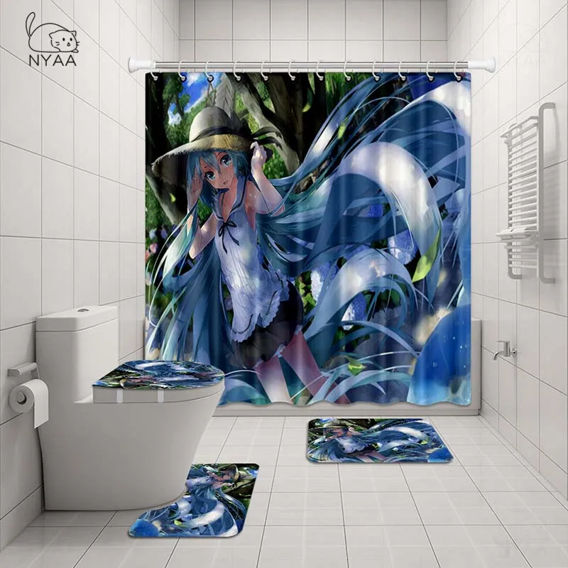 NYAA, 4 шт., Hatsune Miku, занавеска для душа, пьедестал, ковер, крышка для унитаза, коврик для ванной, набор ковриков для декора ванной комнаты - Цвет: NY5940