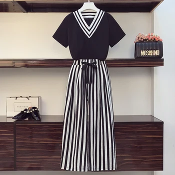 

Summer New Fashion Striped Set 2020 Large Size Women's Two Piece Set V-neck Black Tops And Wide Leg Pants Two-piece Vintage Set