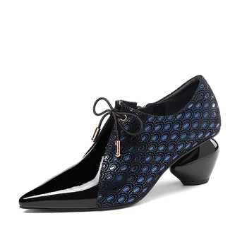 

INS hot women shoes natural leather Peacock sheepskin + cow patent leather plus size 22.5-26 cm length pumps ladies shoes