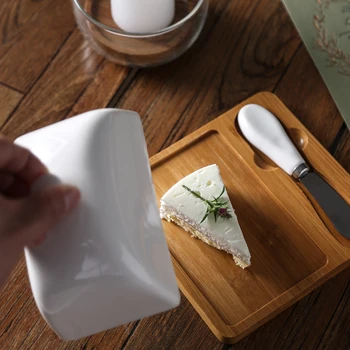 

Nordic Butter Sealing Box,Ceramic Butter Plate,White,with Wood Plate and Knife,15 Cm Cheese Storage Tray Butter Dish