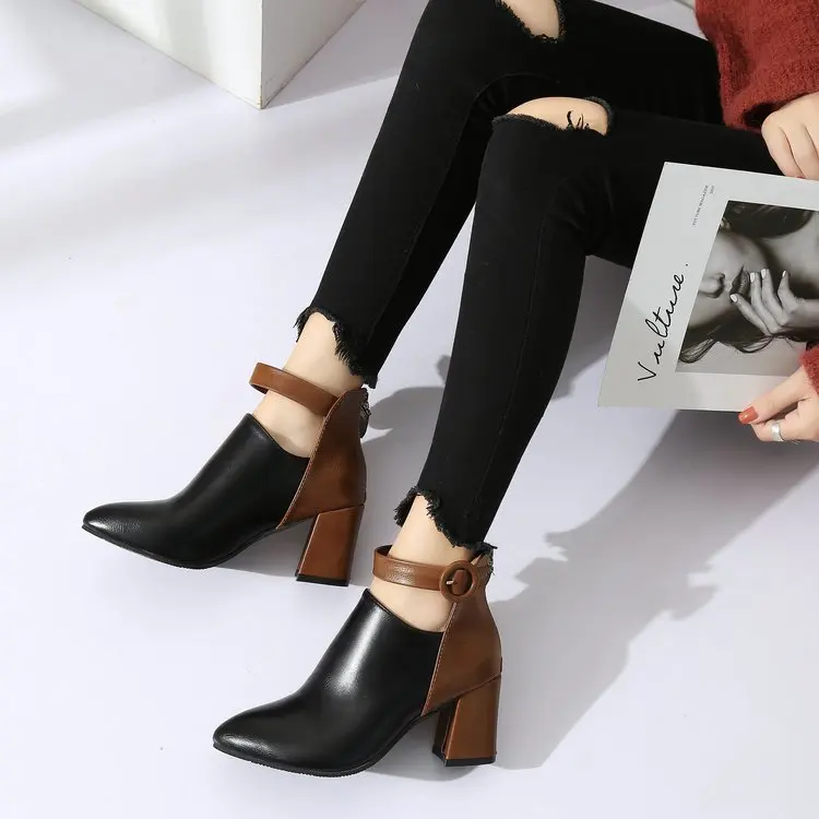 Г. Новые осенне-зимние ботинки в европейском и американском стиле женские ботинки с острым носком на высоком каблуке Женская обувь, размер 35-44