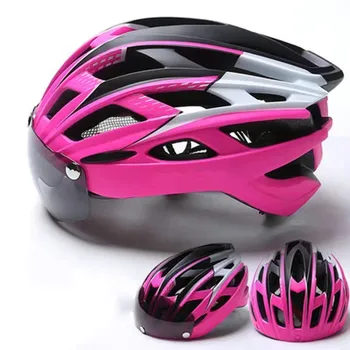 

Men's bike helmet with sun visor women's one-piece mountain bike riding helmets with lights,magnetic PC lenses, adult road bikes