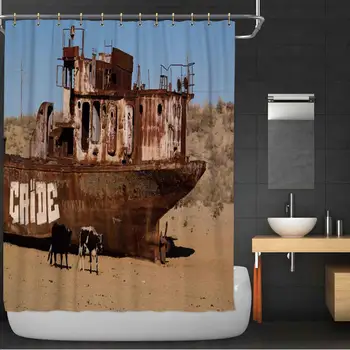

Panorama of Ship Cemetery Near Moynaq at Sunrise with The Cows Fabric Shower Curtain,Karakalpakstan for Bathroom,36''W x 72''H