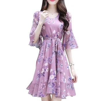 

Summer Women A-Line Midi Dress Sexy Slim V-Neck Half Sleeve Dresses Floral Pattern Ruffles Lace Vestidos