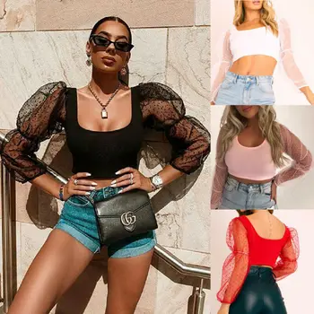 

Sexy Women See-through Sheer Mesh Tulle Blouses Fashion Ladies Long Sleeve Crop Tops Tees Lady Short Club Tank Tops Clothes
