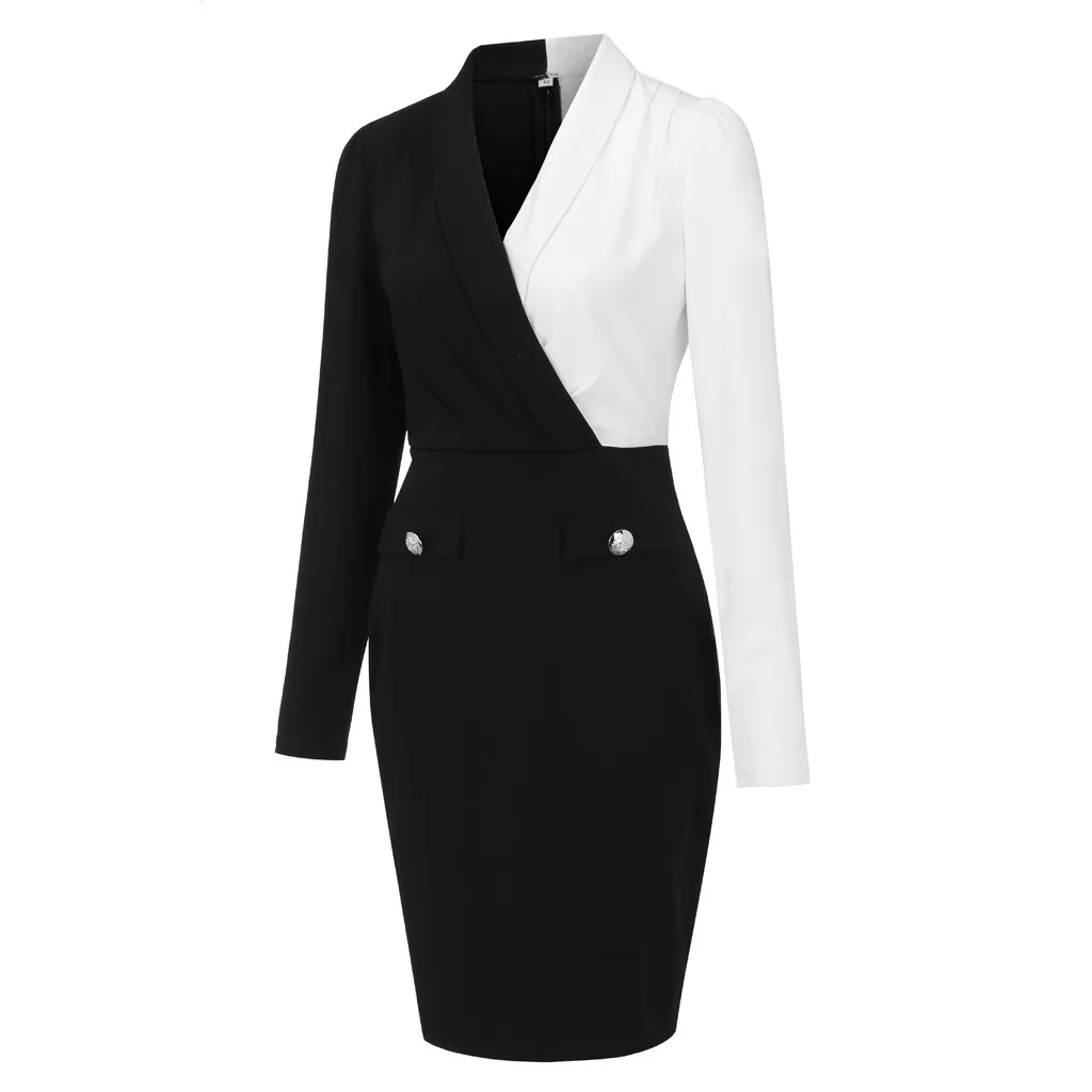 Черно-белое платье с вышивкой для женщин, с длинным рукавом, на пуговицах, для офиса, для леди, для работы, для работы, до колена, платья для женщин, Vestidos