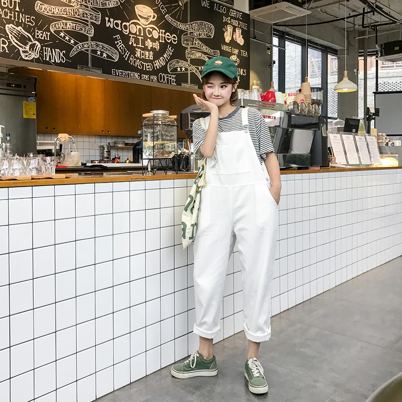 Комбинезоны для женщин с буквенным принтом фиолетовый Harajuku простой в Корейском стиле студенческие женские Комбинезоны свободные Kawaii повседневные до середины икры шик
