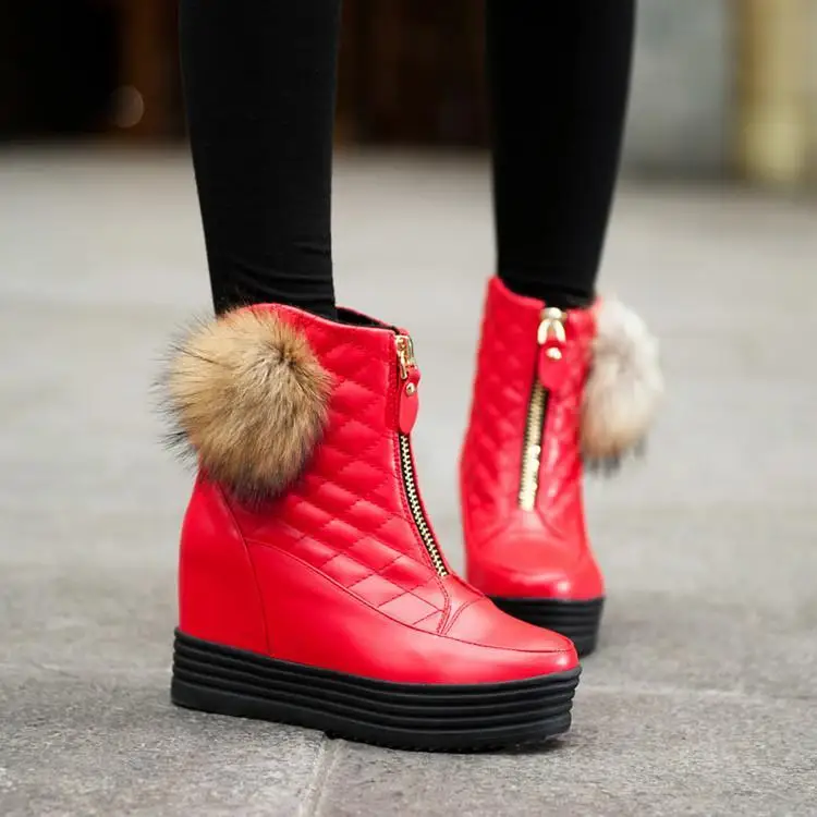 

Fashion Boots Height Increasing Winter Women Ankle For Black Red High Heel Wedge Hidden Platform Ladies Feather Short Plush Shoe
