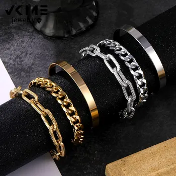 

VKME 3Pcs/Lot Punk Miami Curb Cuban Thick Bracelet Bangle Chunky Heavy Metal Imitation Pearl Bracelet Wrist Chain Jewelry
