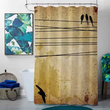

Shower Curtains for Bathroom Birds,Cables and Birds Image on Vintage Paper Style Background with Paint Stains Pattern
