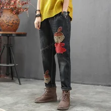 Осень Зима кашемировые Джинсы женские Ретро утепленные флисовые теплые джинсовые штаны Новые эластичные талии свободные Мультяшные вареные шаровары